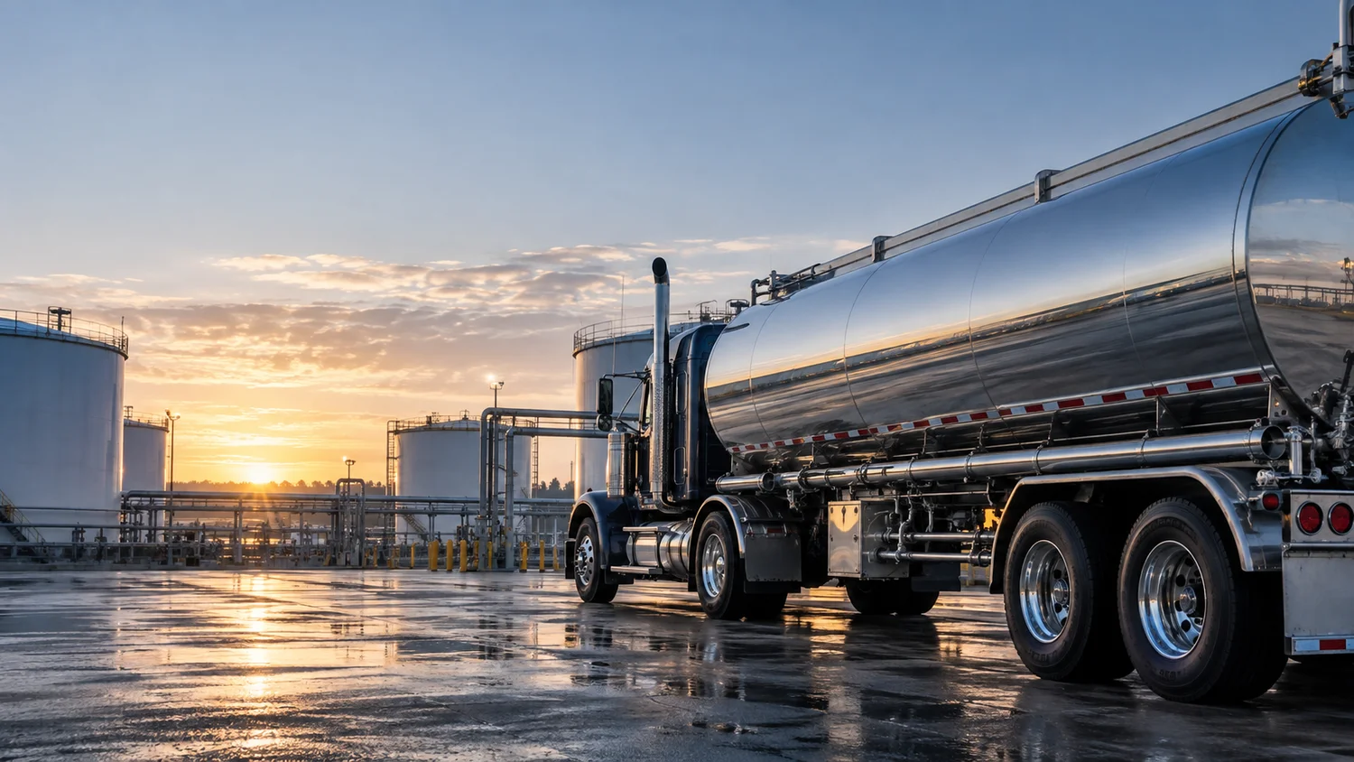 A fuel tanker at a storage terminal in the early morning